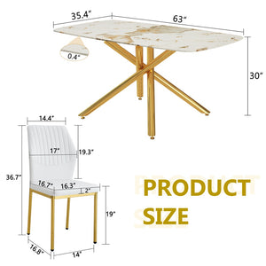 English Elm Table and Chair Set Marble Tempered Glass Top Gold Leg Glam Dining for Four W1151S04544