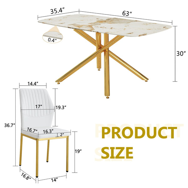 English Elm Table and Chair Set Marble Tempered Glass Top Gold Leg Glam Dining for Four W1151S04544