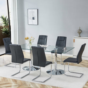 English Elm Table and Chair Set 71 Inch Tempered Glass Top with Six Pu Leather Dining Seats Black W1151S04548