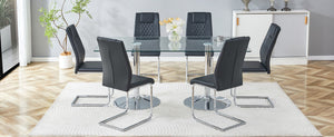 English Elm Table and Chair Set 71 Inch Tempered Glass Top with Six Pu Leather Dining Seats Black W1151S04548