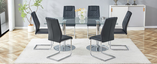 English Elm Table and Chair Set 71 Inch Tempered Glass Top with Six Pu Leather Dining Seats Black W1151S04548