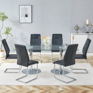 English Elm Table and Chair Set 71 Inch Tempered Glass Top with Six Pu Leather Dining Seats Black W1151S04548
