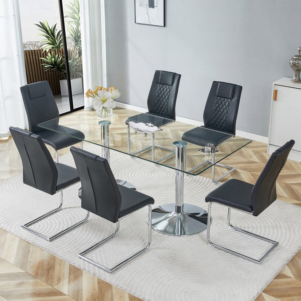 English Elm Table and Chair Set 71 Inch Tempered Glass Top with Six Pu Leather Dining Seats Black W1151S04548