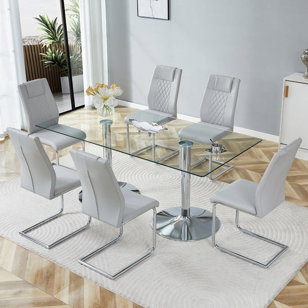English Elm Table and Chair Set 71 Inch Tempered Glass Top with Six Pu Leather Dining Seats Light Gray W1151S04552
