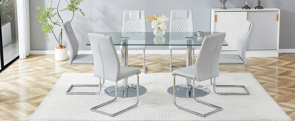 English Elm Table and Chair Set 71 Inch Tempered Glass Top with Six Pu Leather Dining Seats Light Gray W1151S04552