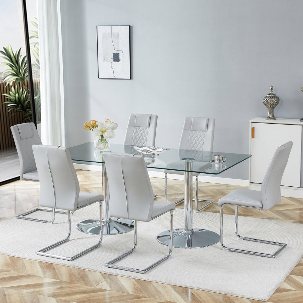 English Elm Table and Chair Set 71 Inch Tempered Glass Top with Six Pu Leather Dining Seats Light Gray W1151S04552