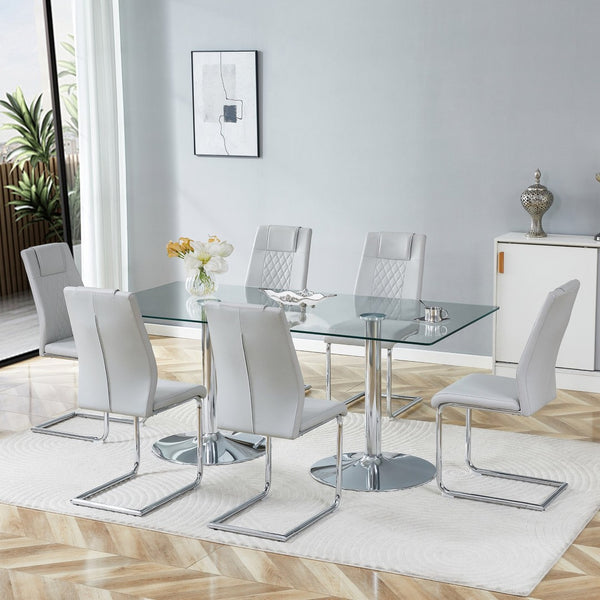 English Elm Table and Chair Set 71 Inch Tempered Glass Top with Six Pu Leather Dining Seats Light Gray W1151S04552