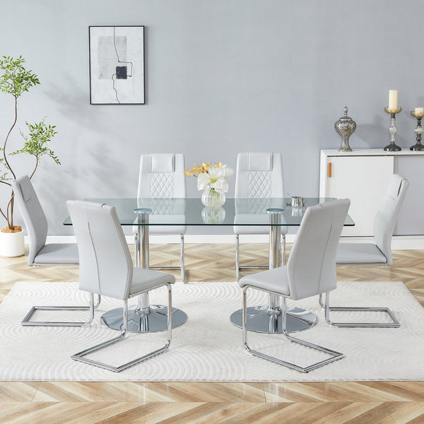 English Elm Table and Chair Set 71 Inch Tempered Glass Top with Six Pu Leather Dining Seats Light Gray W1151S04552