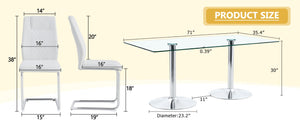 English Elm Table and Chair Set Six Seat Tempered Glass Top with White PU Leather Modern Dining W1151S04554