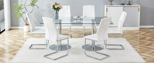 English Elm Table and Chair Set Six Seat Tempered Glass Top with White PU Leather Modern Dining W1151S04554