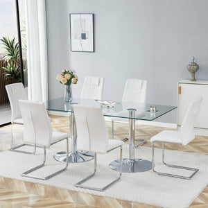 English Elm Table and Chair Set Six Seat Tempered Glass Top with White PU Leather Modern Dining W1151S04554