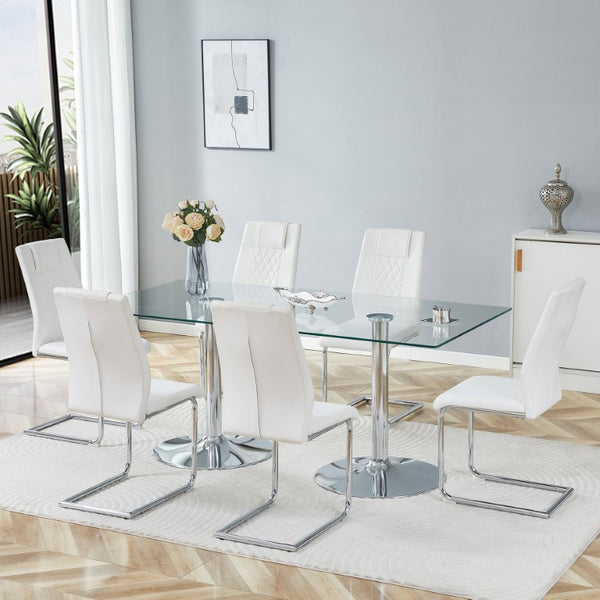 English Elm Table and Chair Set Six Seat Tempered Glass Top with White PU Leather Modern Dining W1151S04554
