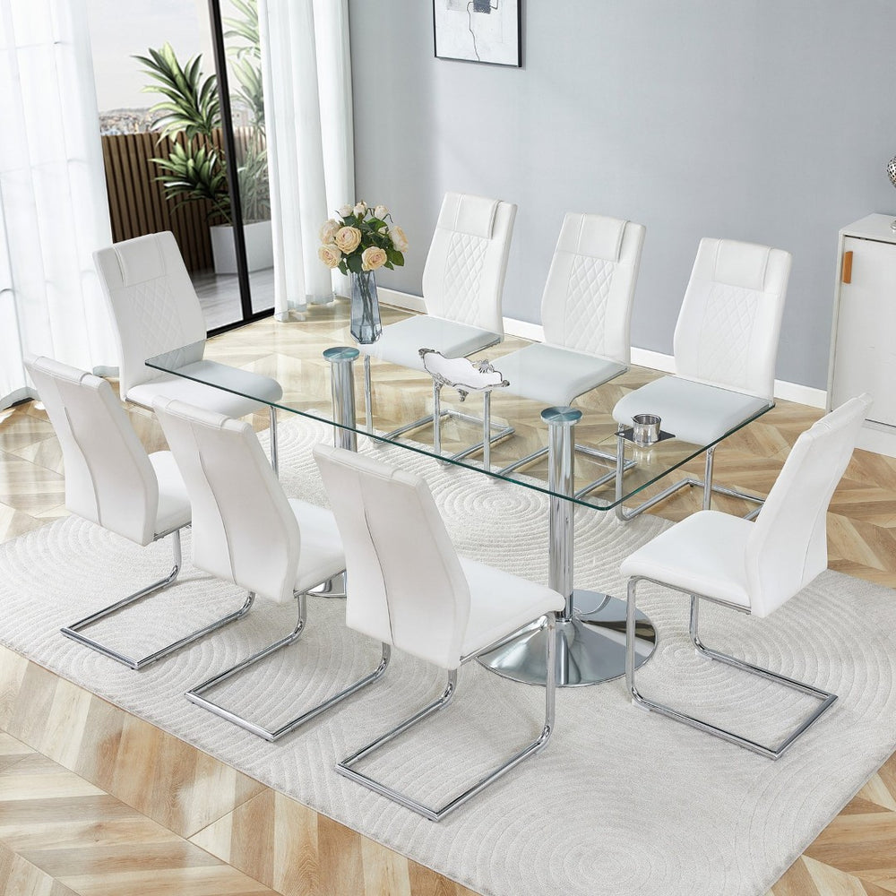 English Elm Table and Chair Set 8 Seater Tempered Glass Top with White Pu Upholstered Seats W1151S04555
