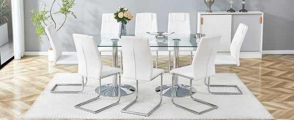 English Elm Table and Chair Set 8 Seater Tempered Glass Top with White Pu Upholstered Seats W1151S04555