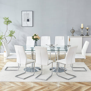 English Elm Table and Chair Set 8 Seater Tempered Glass Top with White Pu Upholstered Seats W1151S04555