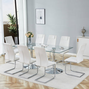 English Elm Table and Chair Set 8 Seater Tempered Glass Top with White Pu Upholstered Seats W1151S04555