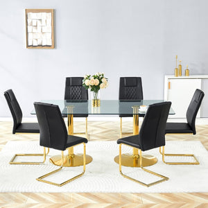 English Elm Table and Chair Set Tempered Glass Top with Golden Pedestal Base Six Seat Modern Dining W1151S04560