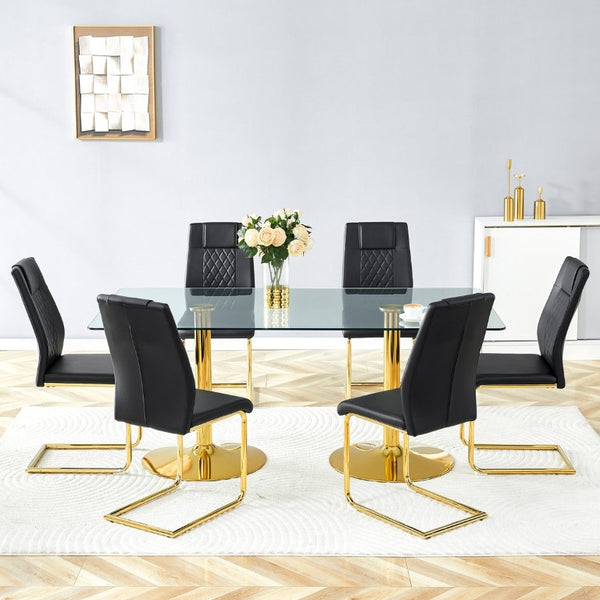 English Elm Table and Chair Set Tempered Glass Top with Golden Pedestal Base Six Seat Modern Dining W1151S04560