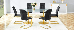 English Elm Table and Chair Set Tempered Glass Top with Golden Pedestal Base Six Seat Modern Dining W1151S04560