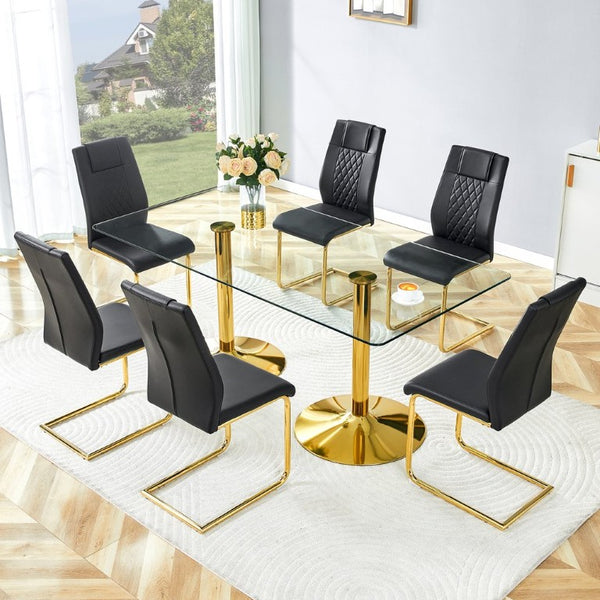 English Elm Table and Chair Set Tempered Glass Top with Golden Pedestal Base Six Seat Modern Dining W1151S04560