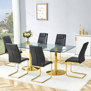 English Elm Table and Chair Set Tempered Glass Top with Golden Pedestal Base Six Seat Modern Dining W1151S04560