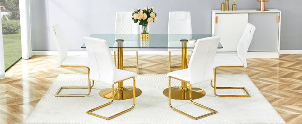 English Elm Table and Chair Set 71 Inch Glass Top Six Seat Dining with Gold Legs White Pu W1151S04564