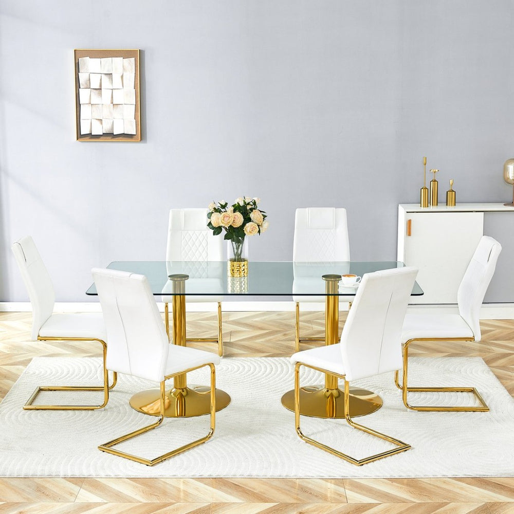 English Elm Table and Chair Set 71 Inch Glass Top Six Seat Dining with Gold Legs White Pu W1151S04564