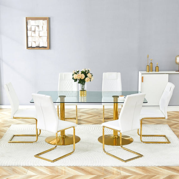 English Elm Table and Chair Set 71 Inch Glass Top Six Seat Dining with Gold Legs White Pu W1151S04564