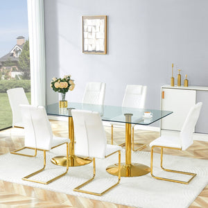 English Elm Table and Chair Set 71 Inch Glass Top Six Seat Dining with Gold Legs White Pu W1151S04564