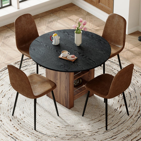 English Elm Table and Chair Set 42 Inch Round Black Mdf with Storage Shelves Suede Seat Dining W1151S04566