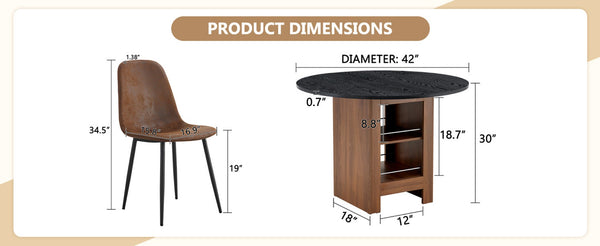 English Elm Table and Chair Set 42 Inch Round Black Mdf with Storage Shelves Suede Seat Dining W1151S04566