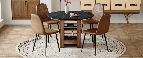 English Elm Table and Chair Set 42 Inch Round Black Mdf with Storage Shelves Suede Seat Dining W1151S04566