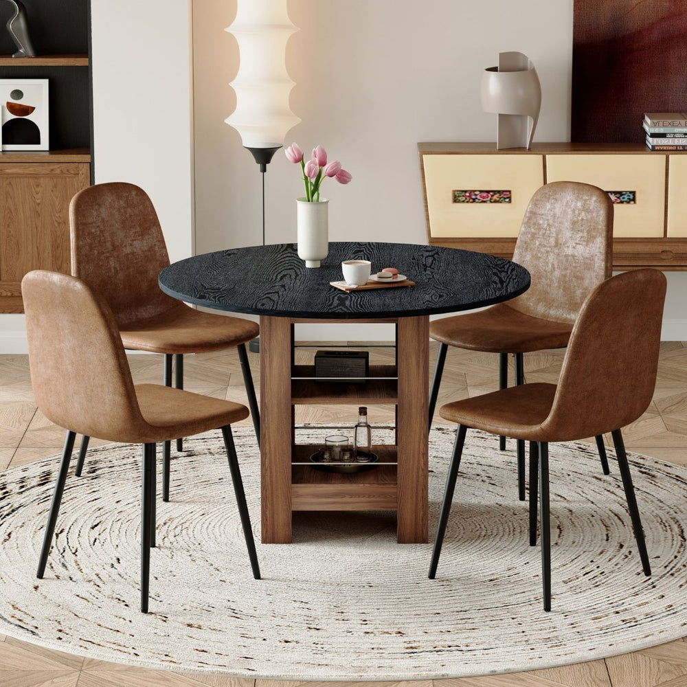 English Elm Table and Chair Set 42 Inch Round Black Mdf with Storage Shelves Suede Seat Dining W1151S04566