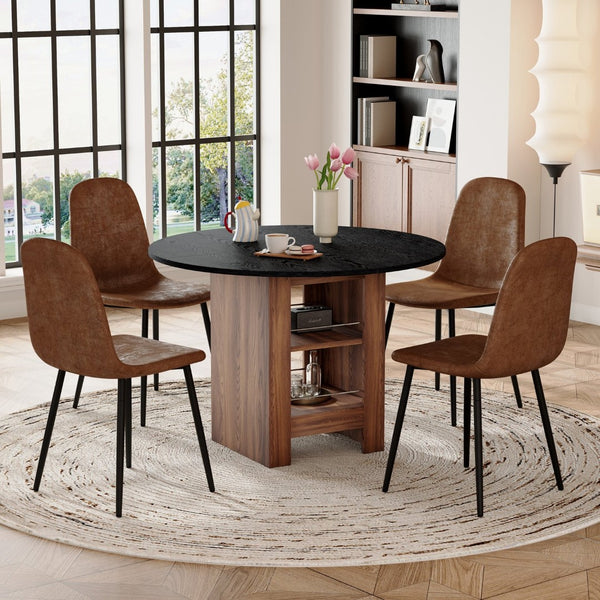 English Elm Table and Chair Set 42 Inch Round Black Mdf with Storage Shelves Suede Seat Dining W1151S04566