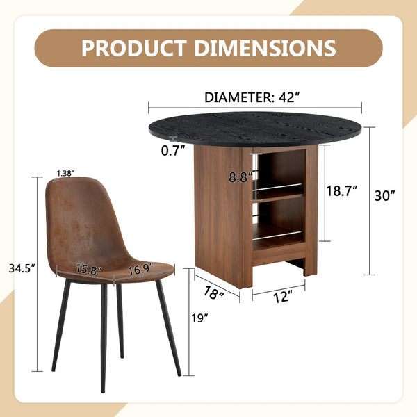 English Elm Table and Chair Set 42 Inch Round Black Mdf with Storage Shelves Suede Seat Dining W1151S04566