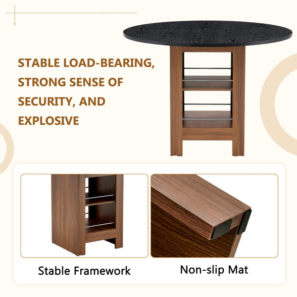 English Elm Table and Chair Set 42 Inch Round Black Mdf with Storage Shelves Suede Seat Dining W1151S04566