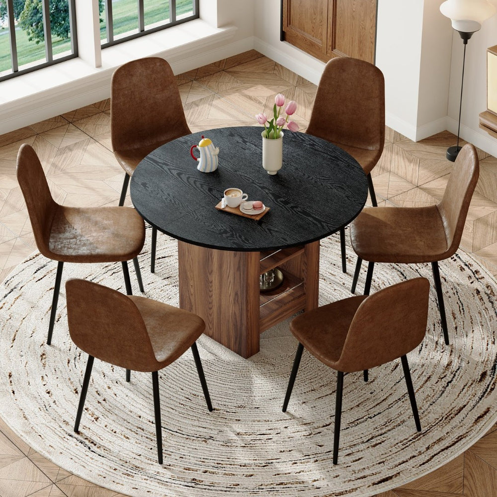 English Elm Table and Chair Set 42 Inch Round Black Mdf Dining with Storage Six Suede Seats W1151S04567