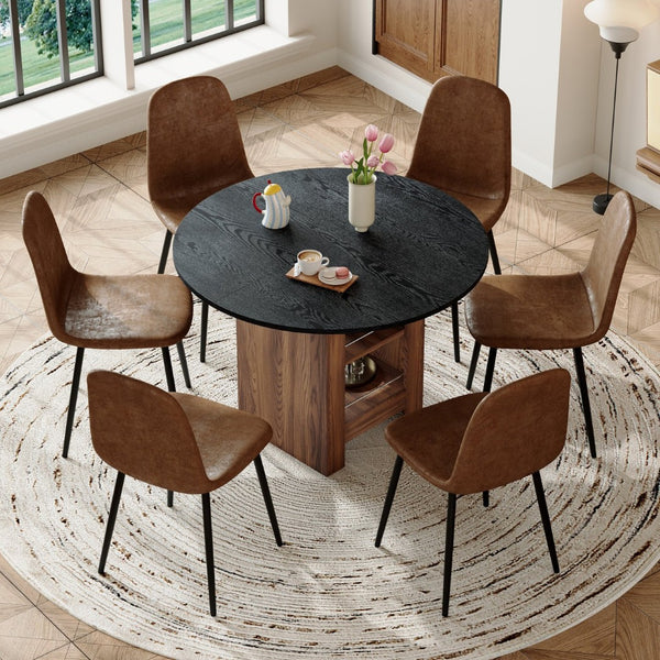 English Elm Table and Chair Set 42 Inch Round Black Mdf Dining with Storage Six Suede Seats W1151S04567