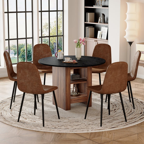 English Elm Table and Chair Set 42 Inch Round Black Mdf Dining with Storage Six Suede Seats W1151S04567