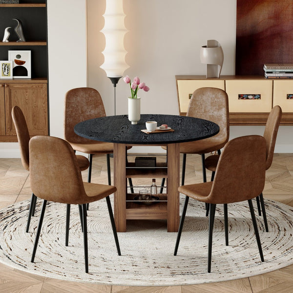 English Elm Table and Chair Set 42 Inch Round Black Mdf Dining with Storage Six Suede Seats W1151S04567