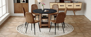 English Elm Table and Chair Set 42 Inch Round Black Mdf Dining with Storage Six Suede Seats W1151S04567