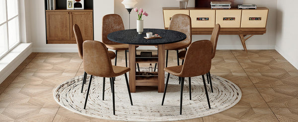 English Elm Table and Chair Set 42 Inch Round Black Mdf Dining with Storage Six Suede Seats W1151S04567