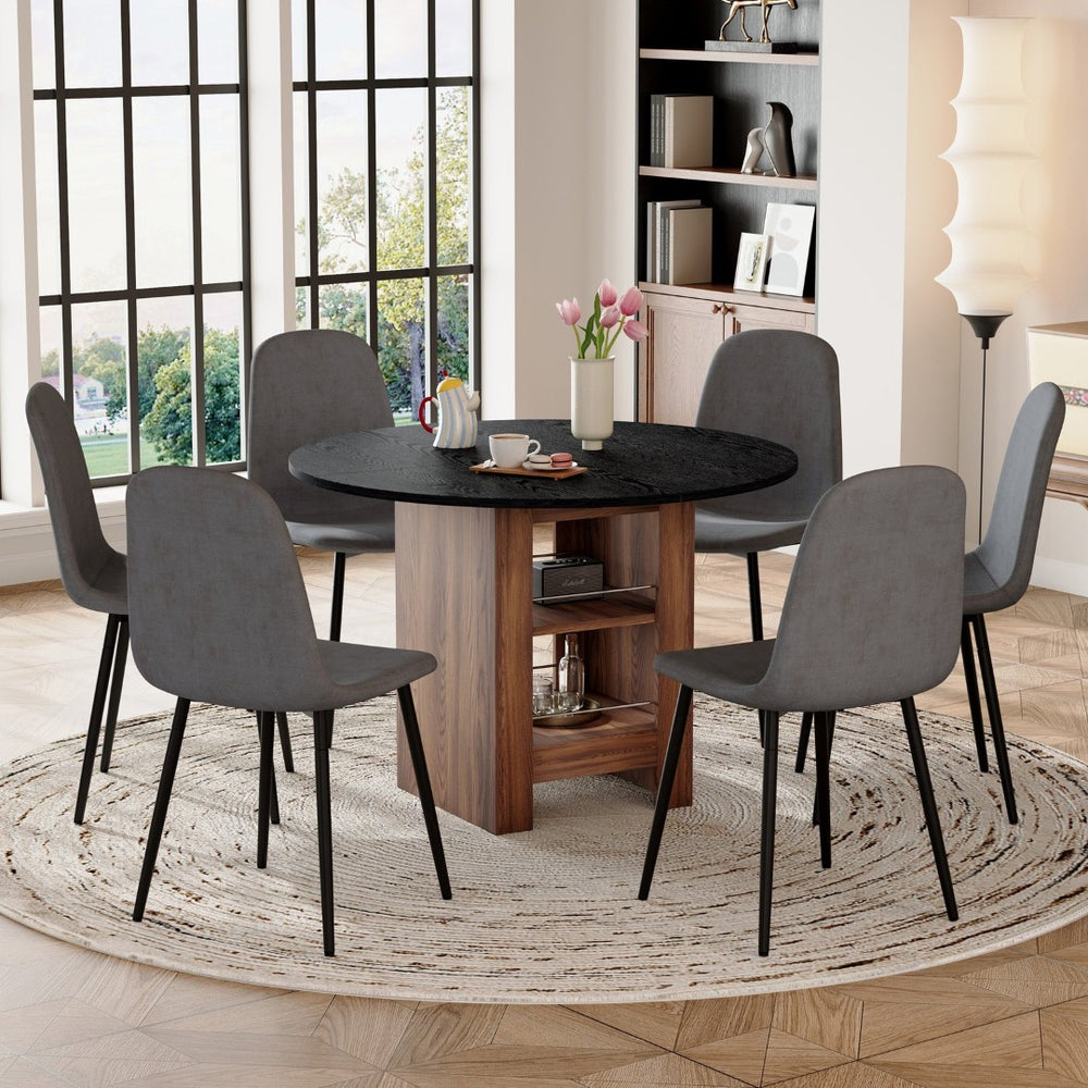 English Elm Table and Chair Set 42 Inch Round Black Mdf Dining with Six Gray Upholstered Seats W1151S04569