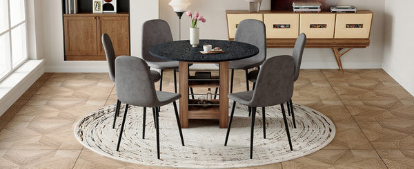 English Elm Table and Chair Set 42 Inch Round Black Mdf Dining with Six Gray Upholstered Seats W1151S04569
