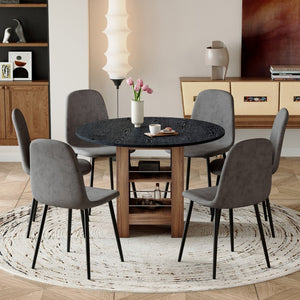 English Elm Table and Chair Set 42 Inch Round Black Mdf Dining with Six Gray Upholstered Seats W1151S04569