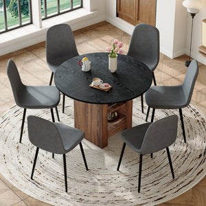 English Elm Table and Chair Set 42 Inch Round Black Mdf Dining with Six Gray Upholstered Seats W1151S04569