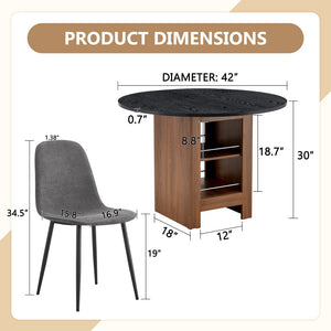English Elm Table and Chair Set 42 Inch Round Black Mdf Dining with Six Gray Upholstered Seats W1151S04569