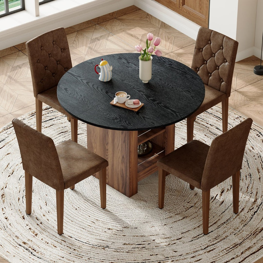 English Elm Table and Chair Set Round Mdf Black Top with Storage Shelves Tufted Suede Seats W1151S04584