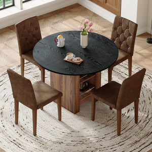 English Elm Table and Chair Set Round Mdf Black Top with Storage Shelves Tufted Suede Seats W1151S04584