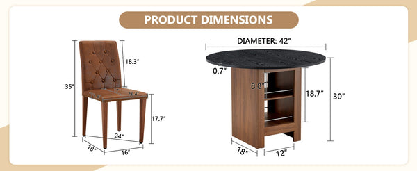 English Elm Table and Chair Set Round Mdf Black Top with Storage Shelves Tufted Suede Seats W1151S04584